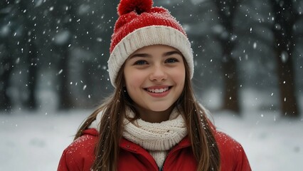 冬の雪景色の中、笑顔で輝く若い女性 – 雪が降る中の美しい冬ファッションポートレート