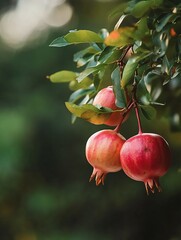 Ripe, juicy pomegranates hanging from a branch in a lush orchard, a vibrant symbol of autumn's harvest