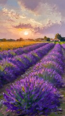 Naklejka premium Original oil painting of lavender fields on canvas.Sunset landscape.Modern Impressionism