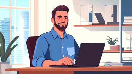 Fototapeta premium Man working on a laptop in a bright office with plants and shelves during daylight hours