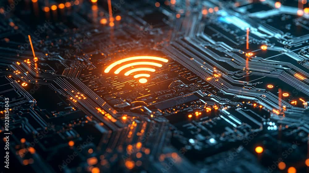 Poster a glowing wifi symbol sits on a circuit board, representing the internet's connection to the digital