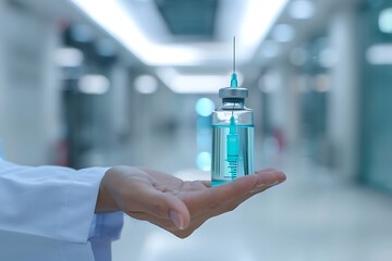 Obraz premium Hand in medical glove holding syringe with vaccine in hospital corridor.