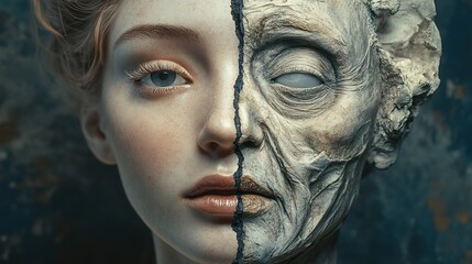 Conceptual portrait of a glamorous doll with a divided face, symbolizing youth and beauty on the left and aging on the right. Intricate fine art masterpiece with a desaturated color palette, 