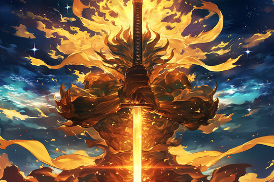 Susanoo Raising a Radiant Katana High to the Sky &ndash; A Powerful Symbol of His Immense Strength and Resolve, Capturing the Essence of a Brave Warrior in Japanese Mythology