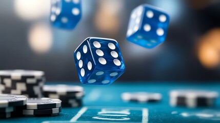 Floating blue dice over a gaming table with chips, vibrant action shot.