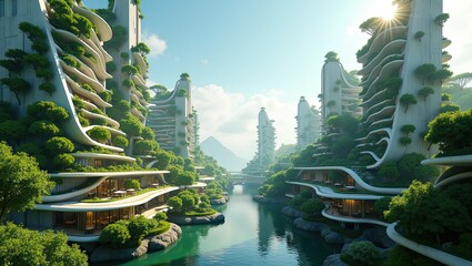 Futuristic Cityscape with Green Buildings and River