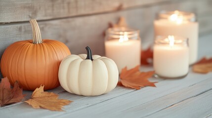 This cozy autumn scene features an orange and white pumpkin, glowing candles, and scattered fall leaves on a rustic wooden surface. The soft lighting and natural elements create a warm 