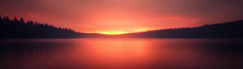 Obraz premium A beautiful red and orange sky over a calm lake during sunset, with the silhouette of dense pine trees lining the horizon..