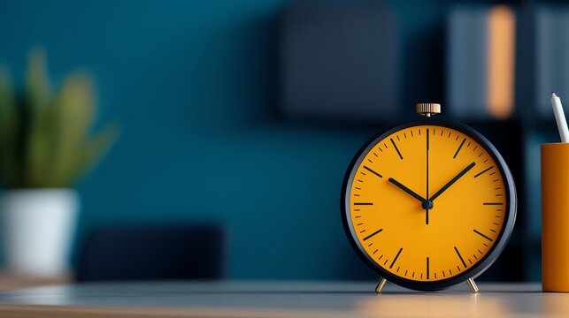 Stylish yellow clock on a desk, modern interior with blue wall background.