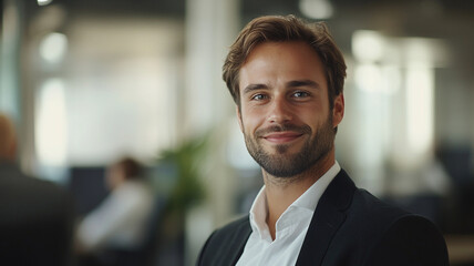 Smiling professional man in a modern office setting during the day