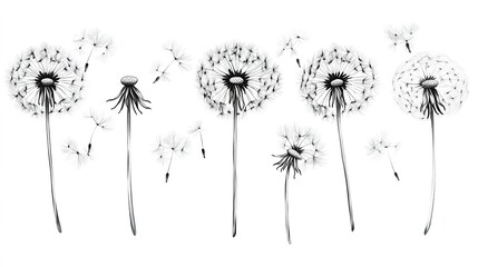 Dandelions with flying seeds, fluffy dandelion flower silhouettes in the spring season, featuring blooming blowball flowers and delicate seed dispersal, captured in a playful doodle style.