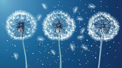 Dandelions with flying seeds, fluffy dandelion flower silhouettes in the spring season, featuring blooming blowball flowers and delicate seed dispersal, captured in a playful doodle style.