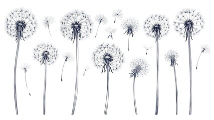 Dandelions with flying seeds, fluffy dandelion flower silhouettes in the spring season, featuring blooming blowball flowers and delicate seed dispersal, captured in a playful doodle style.