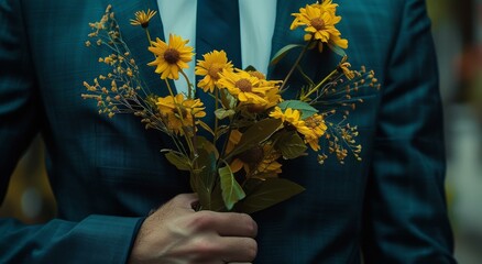 A man in a suit holding yellow flowers and wearing blue tie. AI.
