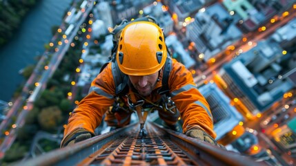 A man in orange hard hat climbing up a metal rail. AI.