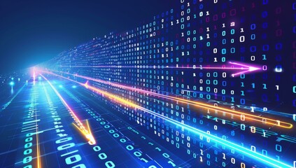 A futuristic image of a computer screen with binary code. AI.