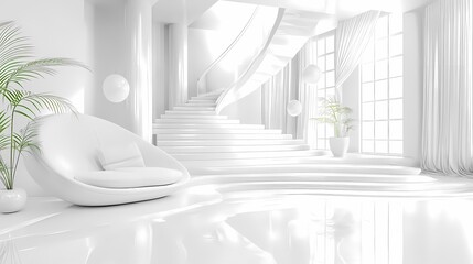 A white room featuring a modern white couch, a winding staircase, and large paned windows with sheer white curtains.  The bright space is also decorated with potted plants, adding splashes of green.