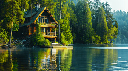 Fototapeta premium A charming lakeside cabin surrounded by lush greenery and calm reflective waters, perfect for a peaceful retreat in nature.