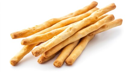 Freshly baked crispy bread sticks isolated on white background, top view, perfect for bakery or food product advertising, delicious snack concept.