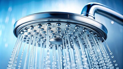 Close-up of a chrome showerhead with water cascading down in a gentle stream, creating a refreshing and invigorating display of droplets and spray