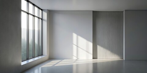 Fototapeta premium Sunlight filtering through a large window illuminates a spacious interior, casting long shadows on the pristine white walls and glossy floor, creating a serene and minimalist ambiance.