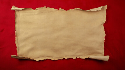 An old parchment with torn edges on a vivid red copy space background