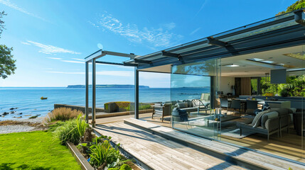 Fototapeta premium Modern beach house with glass walls offering an expansive ocean view. Outdoor deck and lush greenery complete the scenic setting.