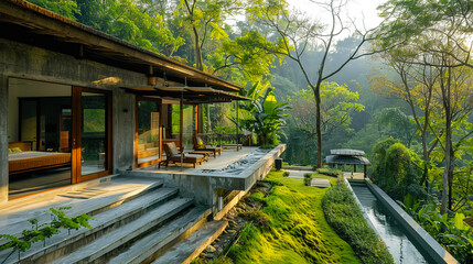 Obraz premium Serene modern villa with lush greenery, outdoor seating, and panoramic forest views captured in beautiful evening light.