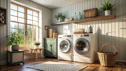 The image shows a laundry room with two white washing machines, a wicker basket, a wooden shelf with two glass bottles and a wicker basket, a green cabinet with a wicker basket on top, 