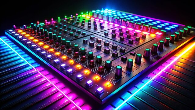 A close-up of an electronic music mixer with a futuristic design featuring bright glowing lights and a plethora of knobs and buttons for precise sound manipulation.