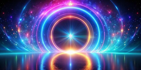 Obraz premium A celestial gateway formed by glowing arcs and a radiant star, reflected in a shimmering surface.