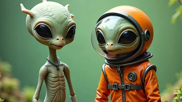 Two gray aliens with long necks and green jellyfish texture. Each alien is tall with a long, soft, cheerful face and big black eyes. An alien wears an orange astronaut suit with a helmet.