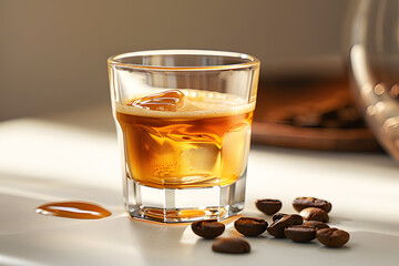 Black coffee coconut with milk white foam in clear glass luxurious on white background with light, shadow and coffee black beans on floor. Realistic drink hot coffee template pattern Slight sweetness