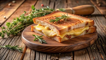 Golden Brown Toasted Sandwich with Melted Cheese and Fresh Herb Garnish on Rustic Wooden Board