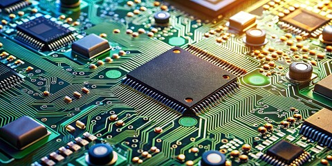 Obraz premium A close-up of a circuit board with a prominent microchip, revealing the intricate network of pathways that facilitate the flow of information and power.