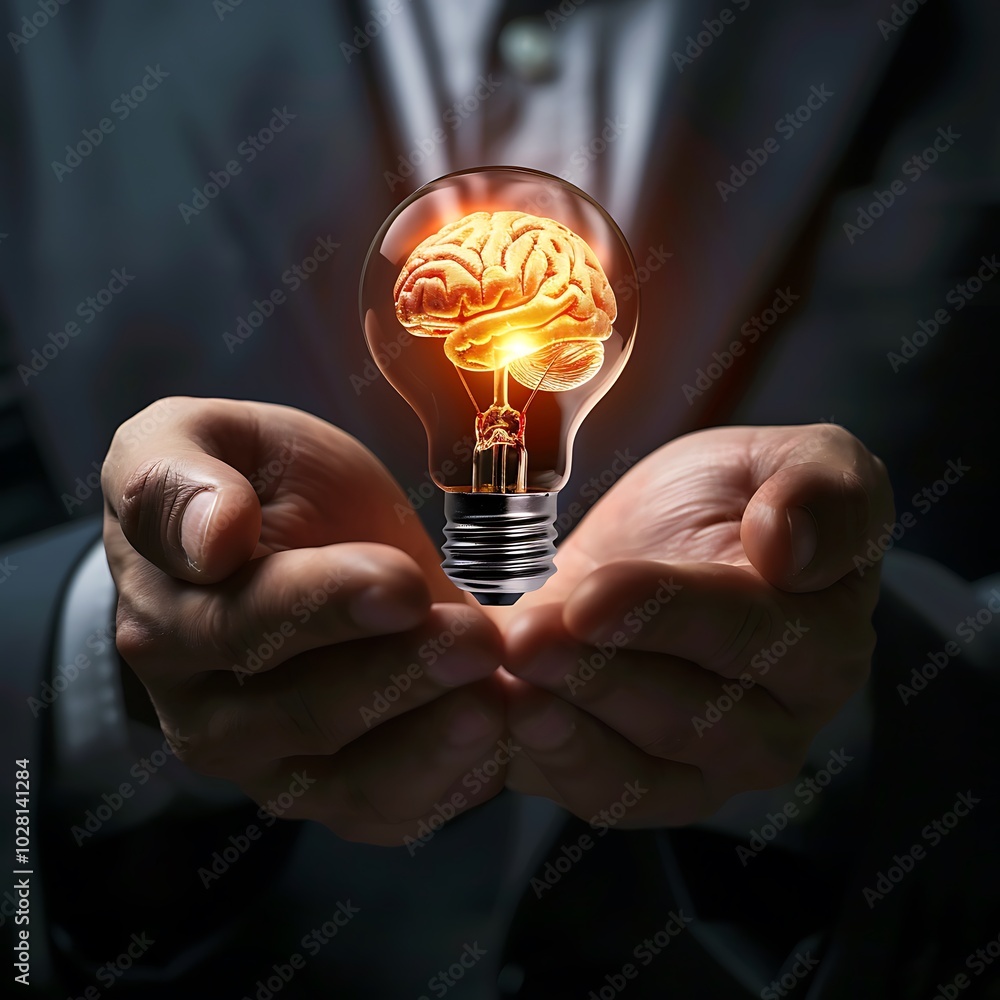 Wall mural businessman holding a lightbulb with brain inside, idea concept