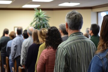 Church community practicing an evacuation drill during service, congregation members learning how to exit safely
