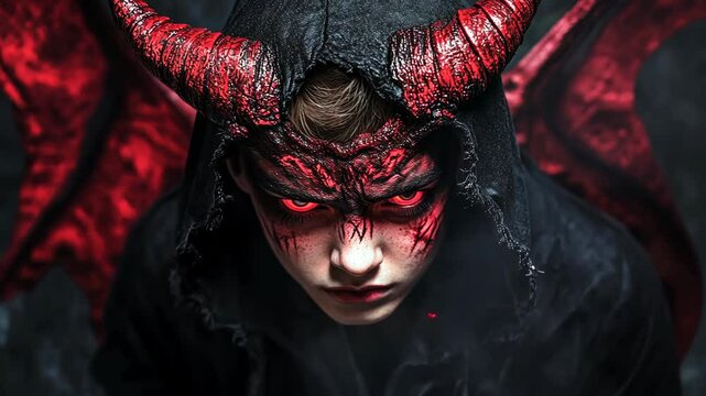 A young person with red horns and wings stares menacingly into the camera, their red eyes and makeup adding to the devilish appearance