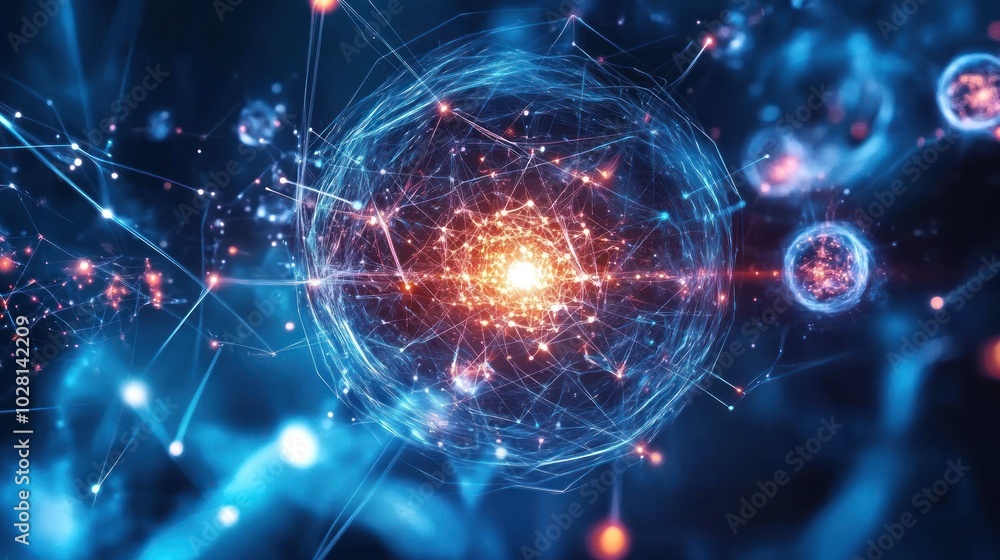 Poster quantum computing innovation background, filled with quantum particles, circuits, and abstract data 