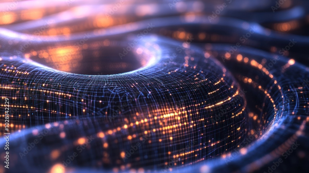 Poster quantum computing technology background, filled with quantum circuits, entangled particles, and abst