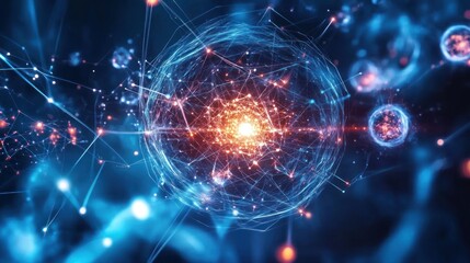 Quantum computing innovation background, filled with quantum particles, circuits, and abstract data grids, symbolizing the complex and revolutionary power of quantum computing.