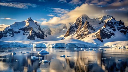 A serene icy expanse with majestic snow-capped peaks reflected in the crystal clear waters, illuminated by the soft glow of the setting sun.