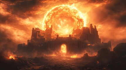 Fototapeta premium A vortex-like portal opening in a fiery sky, showing a medieval kingdom in the middle of an epic battle, Fantasy, Realistic, Dramatic shadows, Epic scale