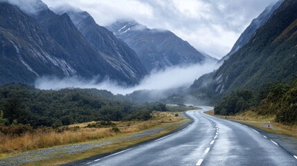 Scenic road with misty mountains, depicting a tranquil road surrounded by towering mountains partially covered in mist, creating a serene and atmospheric landscape.