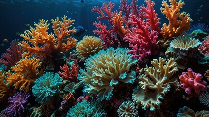 Fototapeta premium Vibrant coral reef with various coral species and fish in a clear blue ocean.