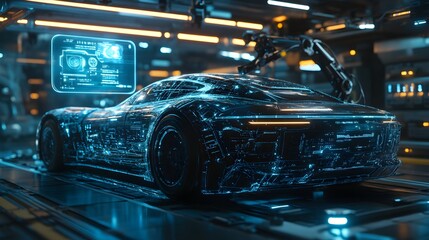 Obraz premium Advanced robotic arms meticulously building a streamlined electric car, floating holographic interface with data, sci-fi aesthetic, deep blue tones, cinematic lighting