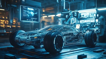 Fototapeta premium Advanced robotic arms meticulously building a streamlined electric car, floating holographic interface with data, sci-fi aesthetic, deep blue tones, cinematic lighting