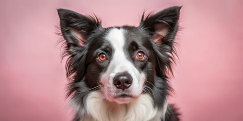 Fototapeta premium Captivating Border Collie portrait against a soft pink backdrop, showcasing stunning canine photography that highlights the dog's beauty and charm in every detail.