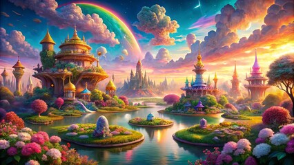 A Serene Fantasy Realm of Towering Structures and Flourishing Gardens, Embraced by a Rainbow and Starry Sky