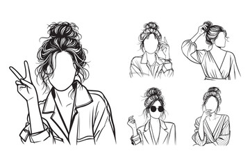 Line art illustration of a beautiful woman with a messy bun hairstyle